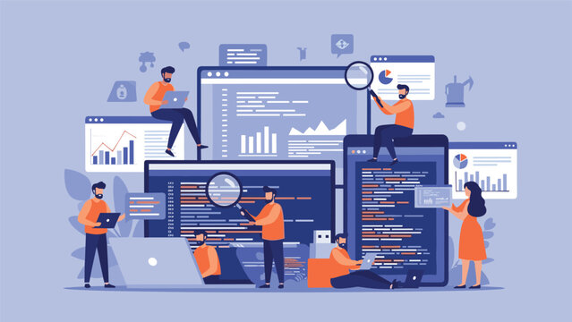 Team of developers and programmers working on coding, testing, and debugging software on multiple screens with laptops and charts.