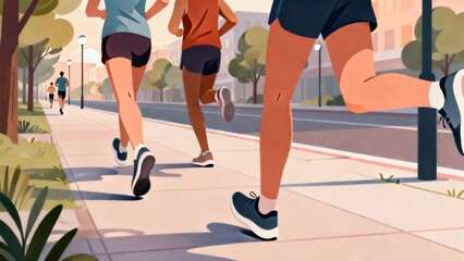 Modern flat illustration of people jogging together outdoors in an urban park environment. Active men and women running on a city sidewalk surrounded by trees and buildings. Concept of healthy life