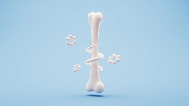 Bone strength animation dynamic footage, a rotating helical structure around bone with molecule structures background