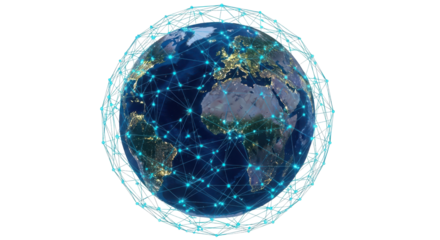Global Digital Network Connecting Earth with City Lights isolated PNG with Transparent Background