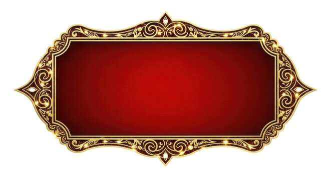 Ornate horizontal gold frame with intricate scrollwork and a deep red velvet-like center panel, isolated PNG with Transparent Background