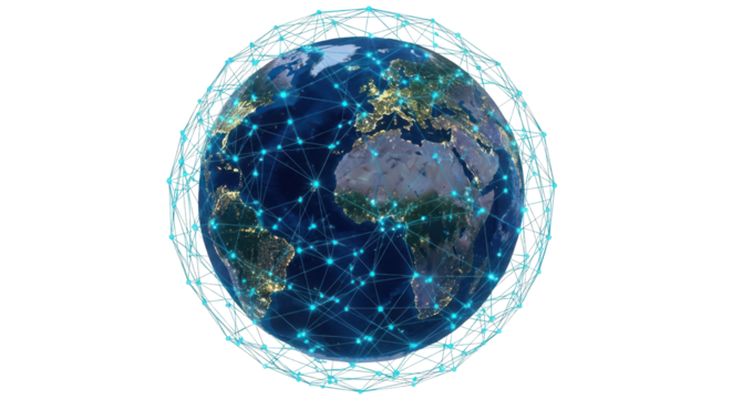 Global Digital Network Connecting Earth with City Lights isolated PNG with Transparent Background - Powered by Adobe