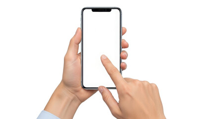 Hands holding modern smartphone with blank white screen and finger touching display, isolated PNG with Transparent Background