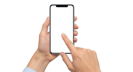 Woman's Hand Tapping Blank White Smartphone Screen Mockup isolated PNG with Transparent Background