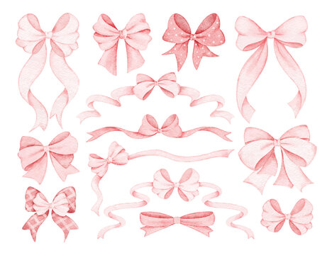 Watercolor Illustration Set of Pink Bow