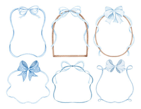 Watercolor Illustration Set of Ribbon Frame with Blue Bow