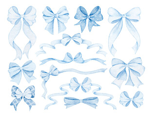 Watercolor Illustration Set of Blue Bow