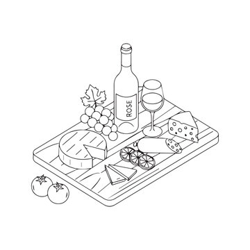 Hand drawn vector illustration of a charcuterie board with rose wine bottle, glass, cheese, grapes, tomatoes and snacks on a wooden platter. Black and white line art doodle suitable for menu design.
