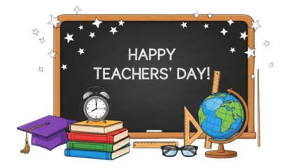 Happy Teachers' Day Chalkboard with Education Supplies Illustration isolated PNG with Transparent Background