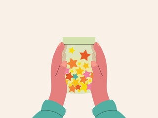 Two hands holding a glass jar filled with colorful, multi-sized stars. Minimalist illustration symbolizing wishes and hopes