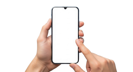 Hands Holding Black Smartphone Mockup with Blank White Screen isolated PNG with Transparent Background
