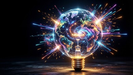 Glowing globe inside light bulb, cosmic sparks radiate against dark background.