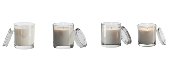 Set of four aromatic scented candles in glass jars isolated on a clean white background.