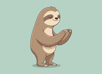Fototapeta premium Cute cartoon sloth meditating with closed eyes and smiling face.