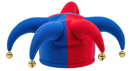 Felt Blue and Red Jester Hat with Gold Bells Product Shot isolated PNG with Transparent Background