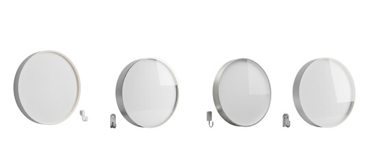 Set of four circular optical glass lenses with mounting screws isolated on a white background.