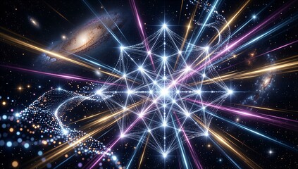 Obraz premium Cosmic web of light and stars, glowing geometric lattice in deep space.