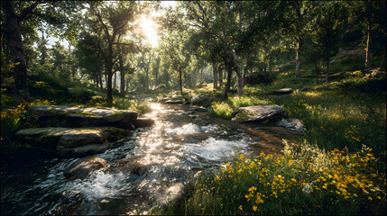 Fototapeta premium Clear River Flowing Through a Lush Green Forest with Wildflowers