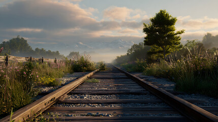 Obraz premium Railway Tracks Leading Through a Misty Mountain Valley