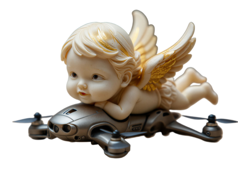 Cupid cherub angel riding a drone with a heart, Valentine's Day isolated on transparent background PNG - Powered by Adobe
