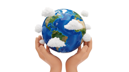 Hands Holding Earth with Clouds