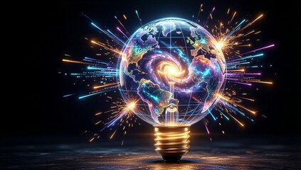 Glowing globe inside light bulb, cosmic sparks radiate against dark background.