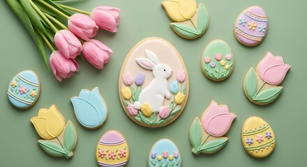 Easter-themed sugar cookies and pink tulips on a light green background.
