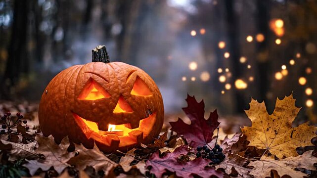 Glowing Jack O Lantern in Autumn Leaves.