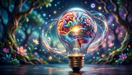 Colorful brain inside glowing bulb, surrounded by flowers and cosmic swirls in mystical forest.