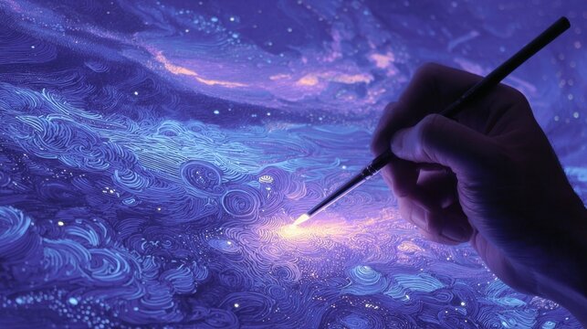 Hand Painting Abstract Galaxy Scene with Bright Light and Swirling Patterns