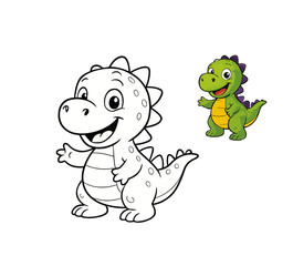 Obraz premium Cute Cartoon Dinosaur Coloring Page with Guide