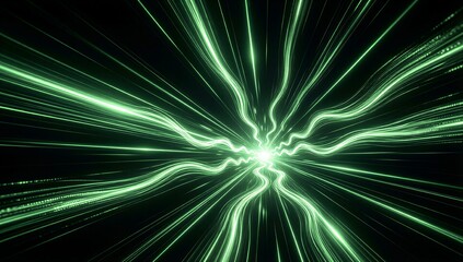 Green light streaks radiate from center, creating cosmic tunnel effect against black void.