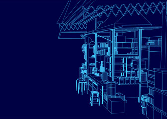A minimalist blue contour line drawing details a food stall interior with stocked shelves and wooden stools.