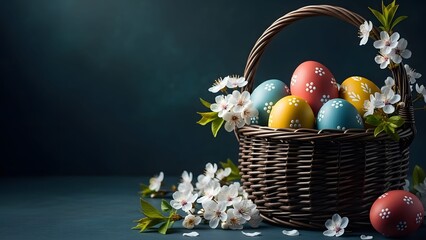 A wicker basket with colorful Easter eggs and cherry blossoms against a dark teal background.