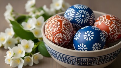 Bowl with intricately decorated eggs and white flowers.