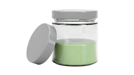 Glass jar with light green liquid and grey lid