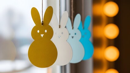 Bunny-shaped ornaments in yellow-brown, beige, light blue, and cyan hanging in a row.