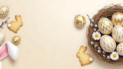 Easter nest with decorated eggs, daisies, bunny cookies, and rabbit ears on a light beige background.