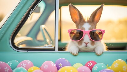 Rabbit in sunglasses at a car window with colorful Easter eggs below.