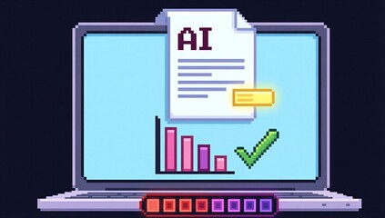 AI document analysis on laptop, showing charts and checkmark for efficient data processing.