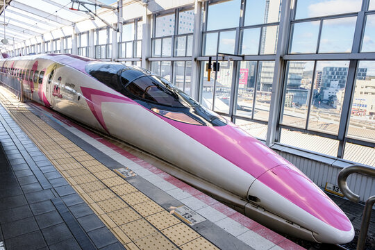 JR West 500 series Shinkansen bullet train with pointed nose featuring a special theme of Hello Kitty at Okayama Station on 22 Dec 2025