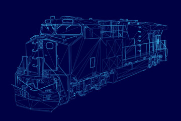 Detailed blueprint of a diesel locomotive with visible engine, caboose, and wheels on a contrasting blue background. The technical wireframe drawing highlights mechanical components. © German Ovchinnikov