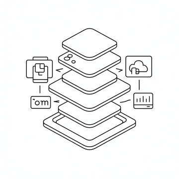 A stack of connected devices with various icons representing technology and data transfer