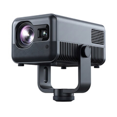 A compact black projector mounted on an adjustable bracket with a prominent lens and vent slits.