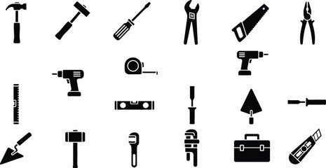 Obraz premium A comprehensive collection of black silhouette icons representing essential construction and diy tools.