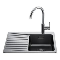 Modern stainless steel kitchen sink with a draining board and curved faucet.