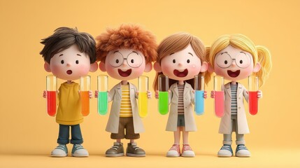 Chemistry basics, children holding test tubes, fun educational visual, 3D illustration. 