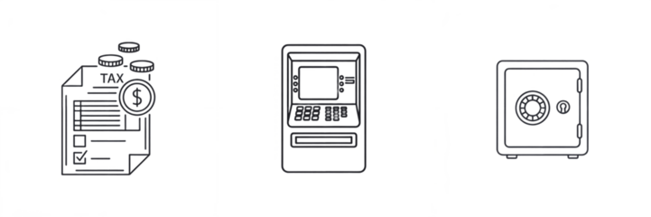 ATM & Banking Line Icons Set – Cash Withdrawal, Account Statement and Safe Deposit Symbols