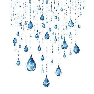 Raindrop rainfall on white background with misty drizzle rain drop and heavy raindrops falling effect, realistic and png , vector style simple color