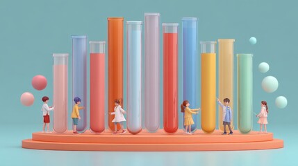 Fototapeta premium Classroom science, children interacting with test tubes, colorful and minimal scene, 3D illustration.